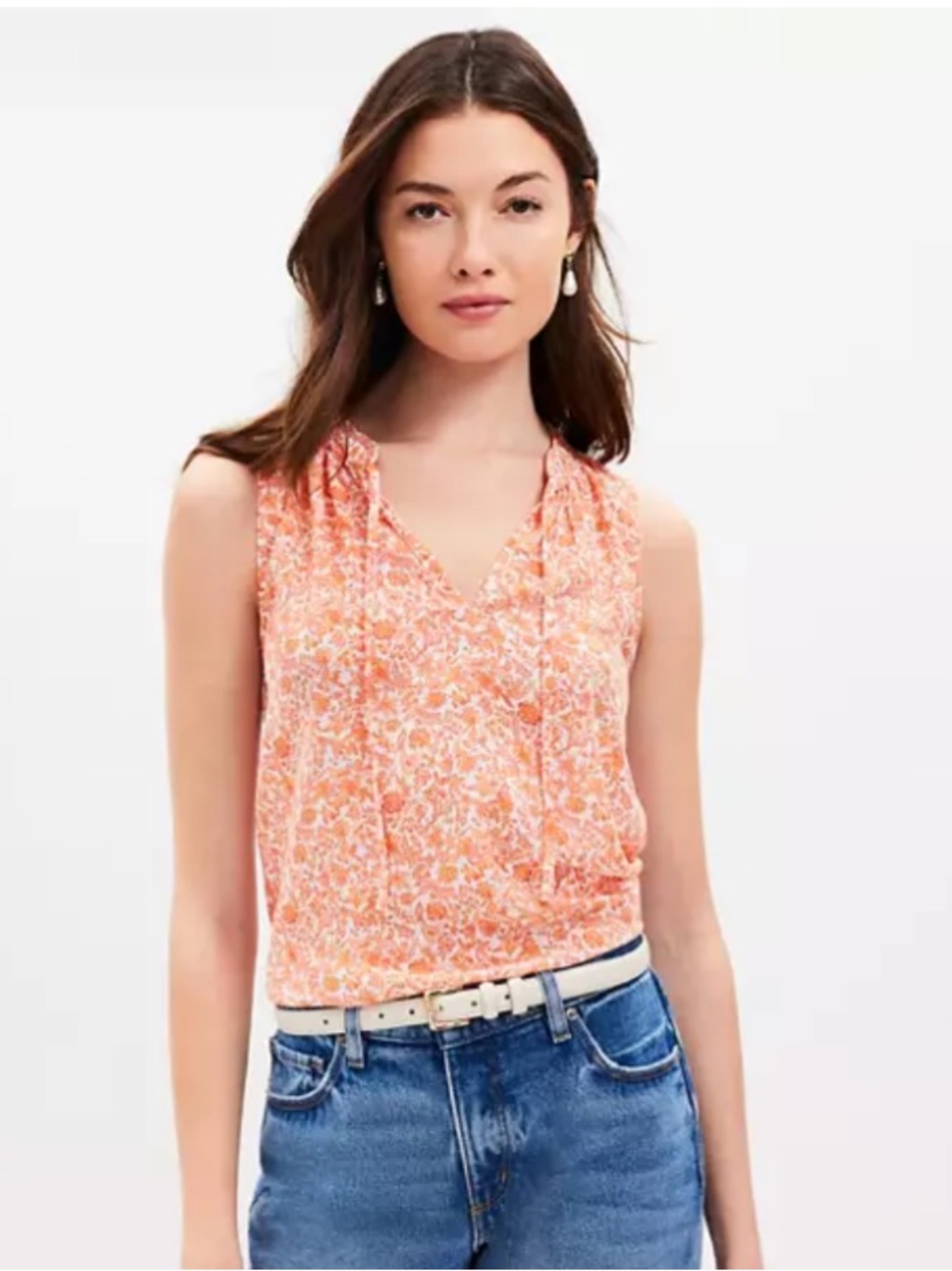 LOFT Jungle Shirred Tie Neck Mixed Media Shell- Orange Creamsicle